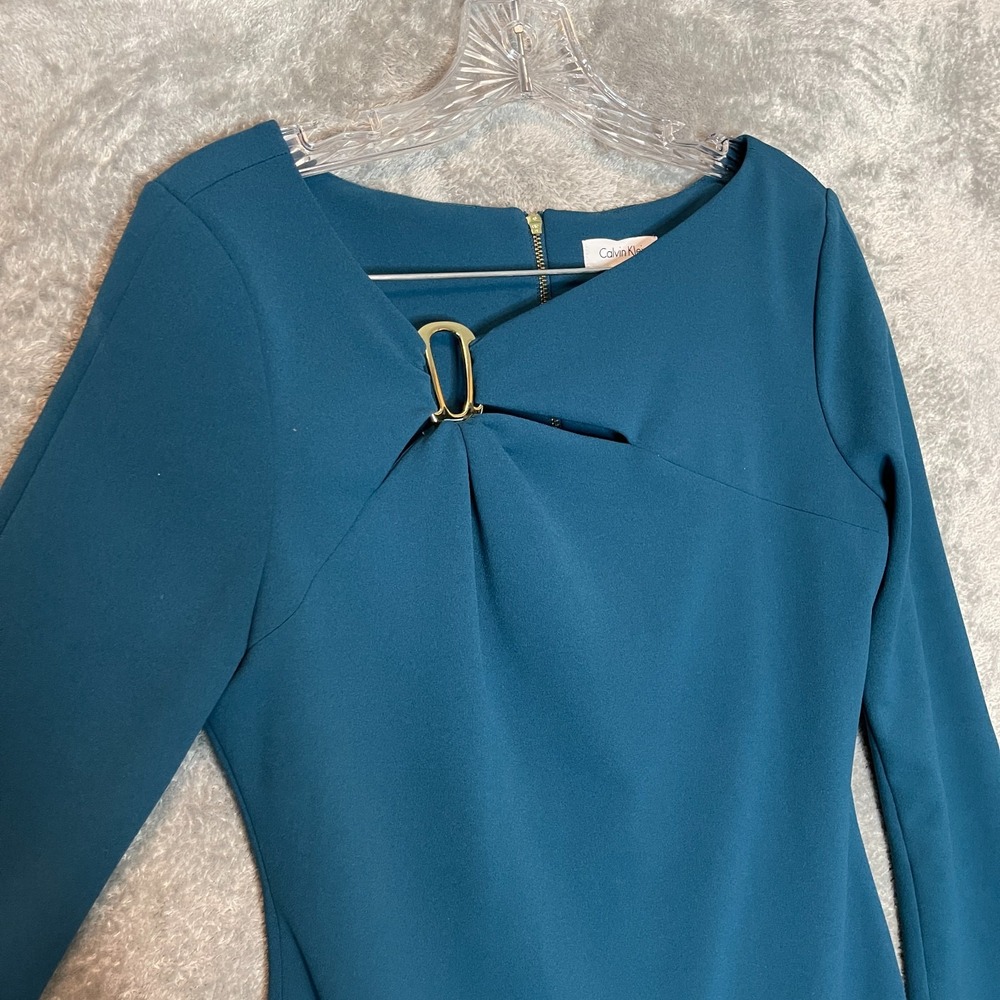 Calvin Klein Women Scuba Crepe Midi Buckle Teal Sheath Dress 10 Wedding Formal